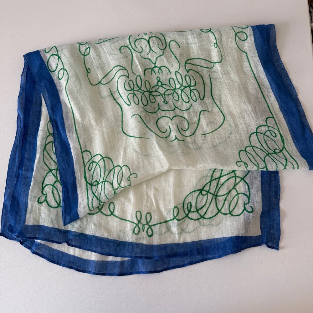 YARNZ | Linen Blue Green and White Graphic Scarf
